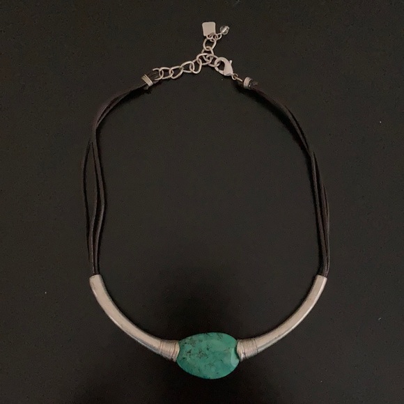 Sterling silver, blk leather & turquoise choker. - Picture 3 of 5
